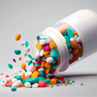 Medicine bottle spilling colorful pills depicting addiction risks ,generative artificial intelligence